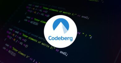 Codeberg logo on a dark code editor background with colorful syntax highlighting.