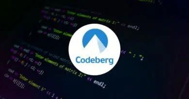 Codeberg logo on a dark code editor background with colorful syntax highlighting.