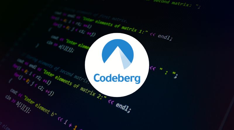 Codeberg logo on a dark code editor background with colorful syntax highlighting.