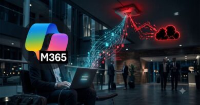 Person in a suit using a laptop in a modern office lobby, with a large colorful M365 logo overlay and streaming digital data toward a cloud icon.