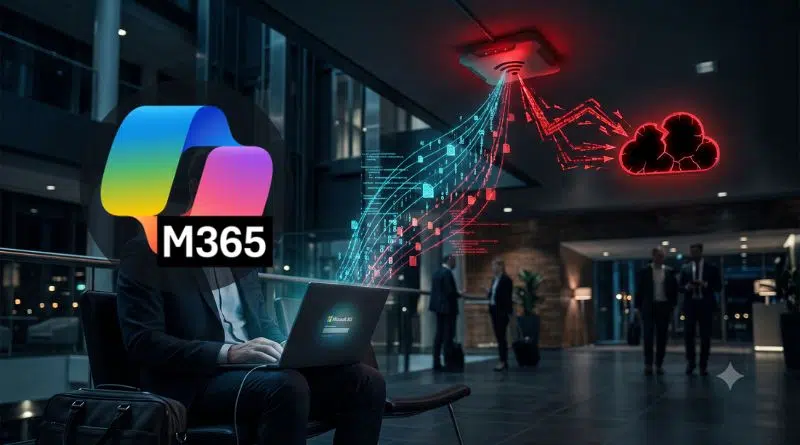Person in a suit using a laptop in a modern office lobby, with a large colorful M365 logo overlay and streaming digital data toward a cloud icon.