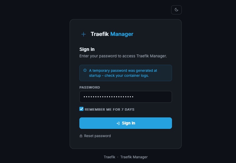 The Traefik Manager login page. A temporary password is generated on first startup and shown in the container logs.