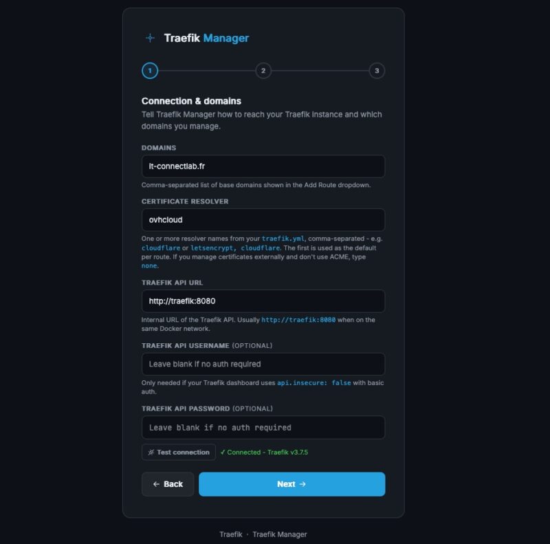 first step of the wizard. The connection test confirms that Traefik Manager is successfully talking to the Traefik API.
