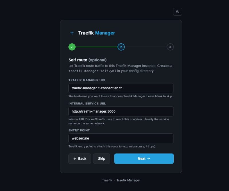 second step of the wizard, which can automatically generate the route used to access Traefik Manager.