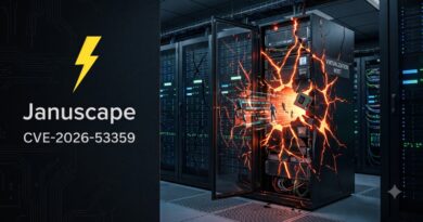 Data center server rack labeled 'Virtualization Host' with an orange lightning explosion illustrating the CVE-2026-53359 vulnerability in Januscape.