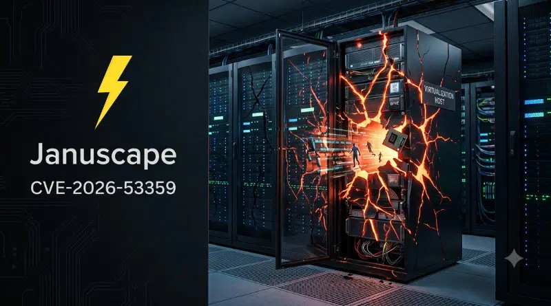 Data center server rack labeled 'Virtualization Host' with an orange lightning explosion illustrating the CVE-2026-53359 vulnerability in Januscape.