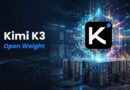 Kimi K3 Open Weight logo over a glowing data-center with server racks and neon network lines