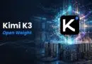 Kimi K3 Open Weight logo over a glowing data-center with server racks and neon network lines