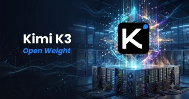 Kimi K3 Open Weight logo over a glowing data-center with server racks and neon network lines