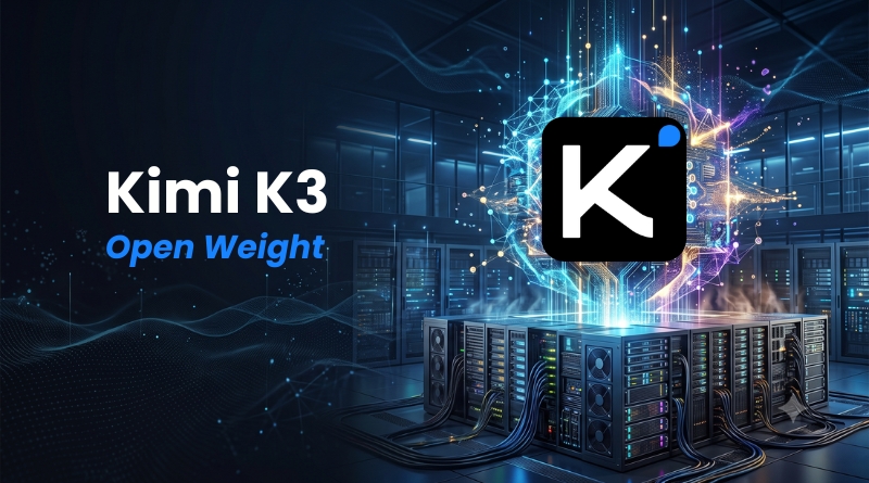Kimi K3 Open Weight logo over a glowing data-center with server racks and neon network lines