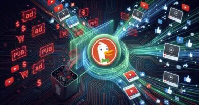 DuckDuckGo Browser Now Blocks YouTube Ads by Default Illustration of a duck logo at the center, surrounded by digital ads and social icons illustrating online advertising and distribution.