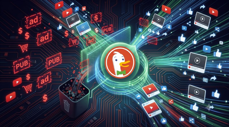 Illustration of a duck logo at the center, surrounded by digital ads and social icons illustrating online advertising and distribution.