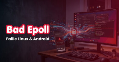 Banner: 'Bad Epoll' with subtitle 'Faille Linux & Android' on a desk setup with a monitor and phone.