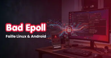 Banner: 'Bad Epoll' with subtitle 'Faille Linux & Android' on a desk setup with a monitor and phone.