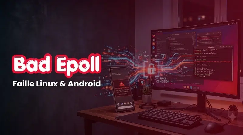 Banner: 'Bad Epoll' with subtitle 'Faille Linux & Android' on a desk setup with a monitor and phone.