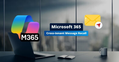 Microsoft 365 Cross-tenant Message Recall banner with colorful M365 logo and an email icon on an office desk.