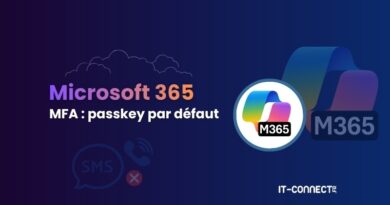 Banner promoting Microsoft 365 MFA: passkey par défaut, avec le logo M365 et l’empreinte IT-CONNECT en bas à droite.