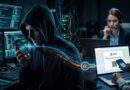 Hooded hacker in a dark data center holds a phone as data streams flow to a laptop displaying a QR code.