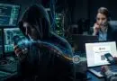 Hooded hacker in a dark data center holds a phone as data streams flow to a laptop displaying a QR code.