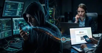 Hooded hacker in a dark data center holds a phone as data streams flow to a laptop displaying a QR code.