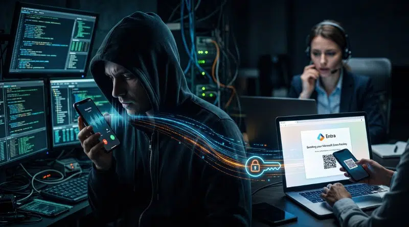 Hooded hacker in a dark data center holds a phone as data streams flow to a laptop displaying a QR code.