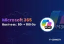 Banner announcing Microsoft 365 Business storage increase from 50 to 100 GB, with the M365 logo on the right on a dark blue gradient.