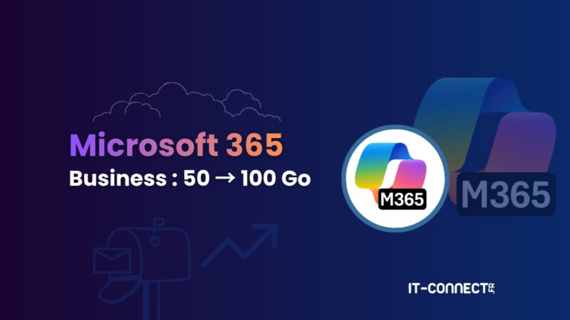 Banner announcing Microsoft 365 Business storage increase from 50 to 100 GB, with the M365 logo on the right on a dark blue gradient.