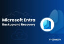 Microsoft Entra Backup and Recovery banner with a blue circular logo on the right over a dark blue gradient background.