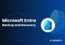 Microsoft Entra Backup and Recovery banner with a blue circular logo on the right over a dark blue gradient background.