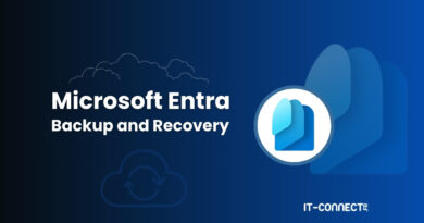 Microsoft Entra Backup and Recovery banner with a blue circular logo on the right over a dark blue gradient background.