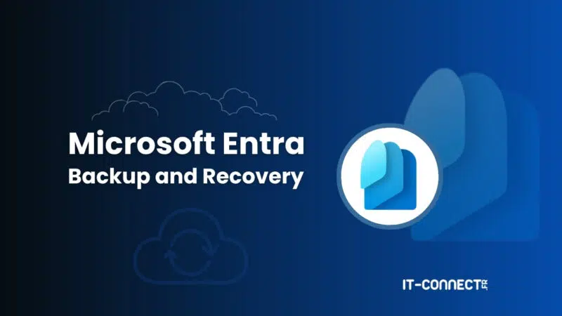 Microsoft Entra Backup and Recovery banner with a blue circular logo on the right over a dark blue gradient background.