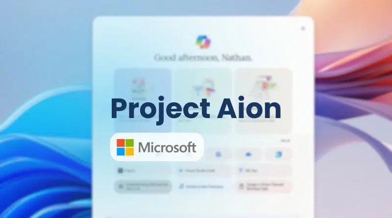 Hero image: large 'Project Aion' text over a blurred Microsoft-style dashboard with a colorful Microsoft logo in the corner.