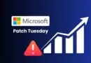 Microsoft Patch Tuesday branding with a red warning icon and a rising bar graph on a dark blue gradient background. The composition conveys security updates improving steadily, with a warning indicator visible.