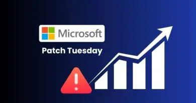 Microsoft Patch Tuesday branding with a red warning icon and a rising bar graph on a dark blue gradient background. The composition conveys security updates improving steadily, with a warning indicator visible.
