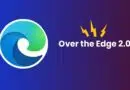 Circular blue‑green swirl logo next to the text 'Over the Edge 2.0' with yellow lightning bolts on a blue‑to‑maroon gradient background.