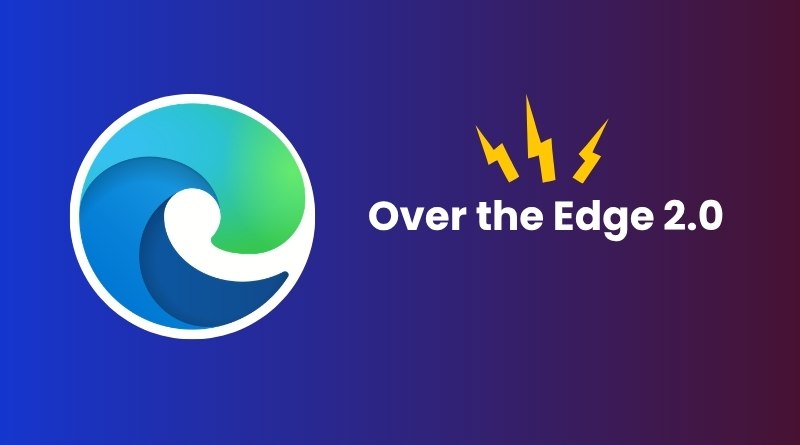 Circular blue‑green swirl logo next to the text 'Over the Edge 2.0' with yellow lightning bolts on a blue‑to‑maroon gradient background.