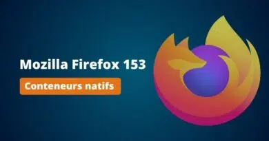 Graphic announcing Mozilla Firefox 153 with a blue gradient background, left-aligned 'Mozilla Firefox 153' text, and an orange badge reading 'Conteneurs natifs' next to the Firefox logo on the right.