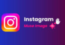Instagram logo on a blue‑to‑purple gradient banner with white 'Instagram' text and pink 'Muse Image' subtitle, plus a white hand icon and sparkles for decoration.