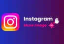 Instagram logo on a blue‑to‑purple gradient banner with white 'Instagram' text and pink 'Muse Image' subtitle, plus a white hand icon and sparkles for decoration.