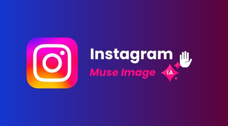 Instagram logo on a blue‑to‑purple gradient banner with white 'Instagram' text and pink 'Muse Image' subtitle, plus a white hand icon and sparkles for decoration.