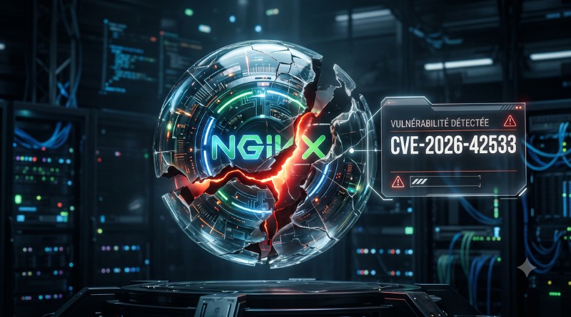 Futuristic data center scene with a glowing cracked globe bearing the NGINX logo, and a holographic alert showing CVE-2026-42533 vulnerability.