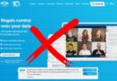 Blue illustrated web page with a video-call grid on a laptop, crossed out by a large red X, over a cookie bar at the bottom—signifying blockage or restriction.