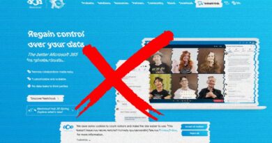 Blue illustrated web page with a video-call grid on a laptop, crossed out by a large red X, over a cookie bar at the bottom—signifying blockage or restriction.