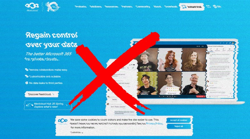 Blue illustrated web page with a video-call grid on a laptop, crossed out by a large red X, over a cookie bar at the bottom—signifying blockage or restriction.
