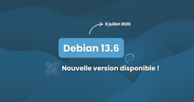 Debian 13.6 release announcement: new version available, dated 8 juillet 2026, on a blue abstract background.