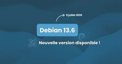 Debian 13.6 release announcement: new version available, dated 8 juillet 2026, on a blue abstract background.