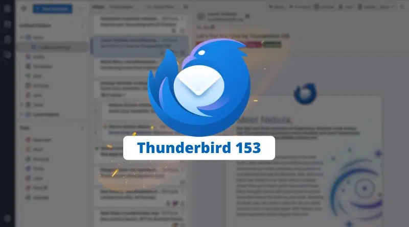 Thunderbird 153 banner featuring the blue Thunderbird logo with a white envelope, over a blurred email client interface and inbox.ports for accessibility