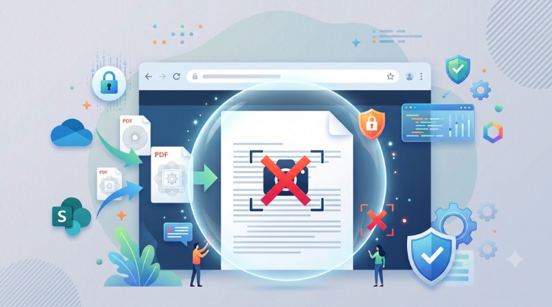 Illustration of online document security: a crossed-out PDF inside a glowing circle in a browser window, with locks and shields around it.