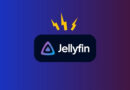 Jellyfin logo on a dark rounded badge with a purple-blue triangle icon and three yellow lightning bolts above on a blue–purple gradient background.