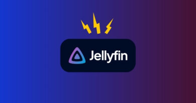Jellyfin logo on a dark rounded badge with a purple-blue triangle icon and three yellow lightning bolts above on a blue–purple gradient background.